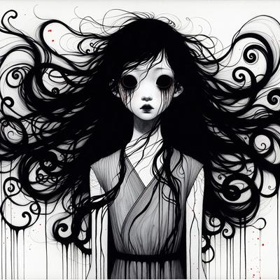 The primary subject of the image is a girl with long black hair, wearing a white dress. She appears to be a young girl with a sad expression on her face. The setting is a black and white drawing, giving the image a classic and timeless feel. The visual style is a combination of digital art and illustration, creating a unique and captivating image. The colors and mood of the image are predominantly dark, with the girl's hair and dress being the main focus, and the overall atmosphere is one of